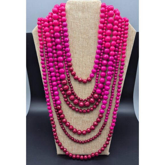 Ombre Shades Pink to Purple Multi Strand Faceted Beaded Statement Necklace 20" - Picture 6 of 9